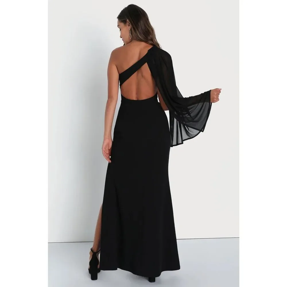 Lulus Majestic Attitude Black Cape Sleeve One-Shoulder Maxi Dress Size L NWT - Picture 2 of 9
